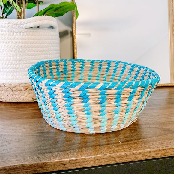 Boho Blue Woven Wicker Storage Basket Bowl - Picture 2 of 6